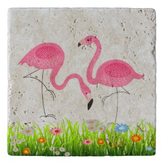 Pink Flamingos Spring Flowers Illustration Trivets