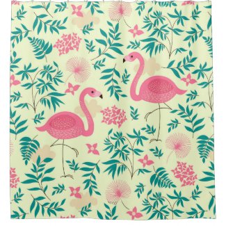 Pink Flamingos & Tropical Flowers Pattern Shower Curtain