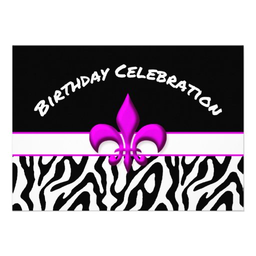 Pink Fleur de Lis Zebra Pattern Birthday Announcement