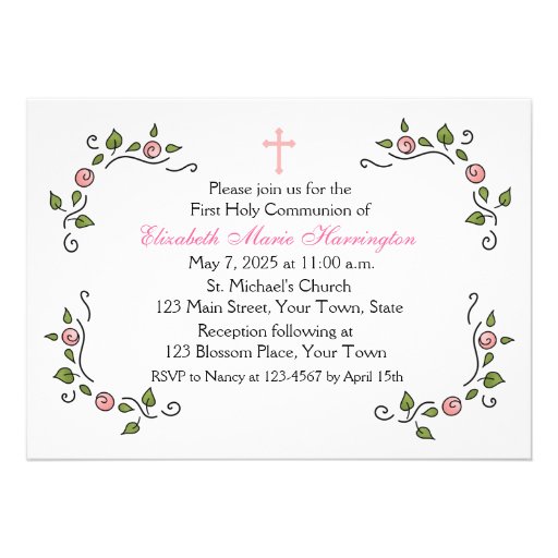 Pink Floral Corners, Religious Personalized Invitation