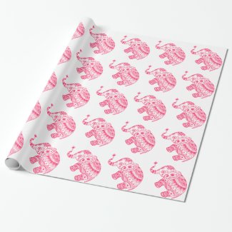 Pink Floral Elephant White Background Wrapping Paper
