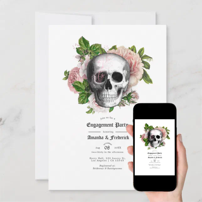 Pink Floral Gothic Skull Engagement Party Invitation Zazzle