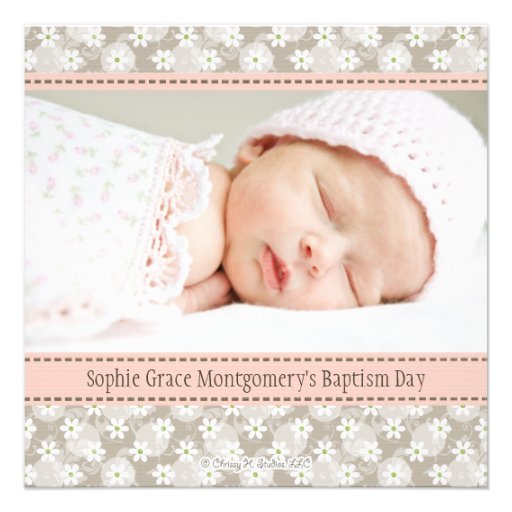 Pink Floral Heart Cross Baptism Photo Invitations