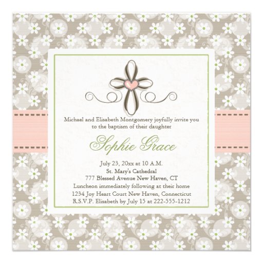 Pink Floral Heart Cross Baptism Photo Invitations