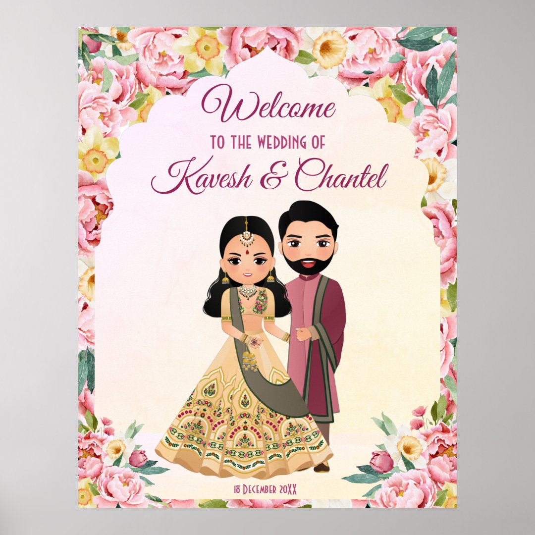 Pink Floral Indian Wedding With Indian Couple Poster Zazzle