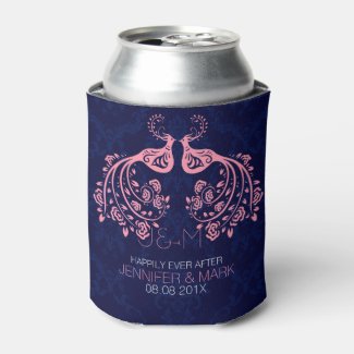 Pink Floral Love Birds Dark Blue Custom Backgroun Can Cooler