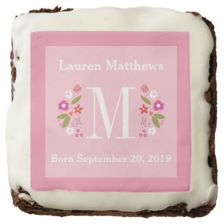 Pink Floral Monogram Baby Girl Birth Announcement Square Brownie