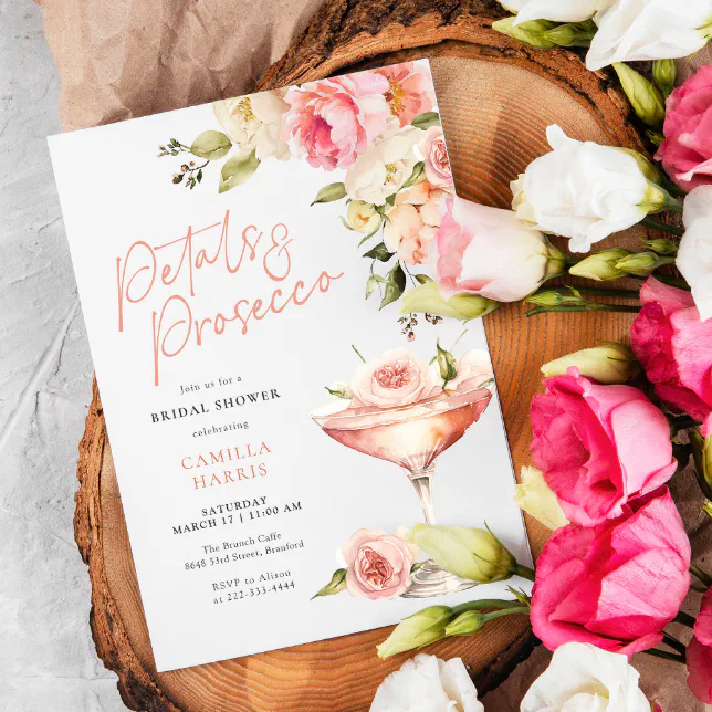 Pink Floral Petals And Prosecco Bridal Shower Invitation Zazzle