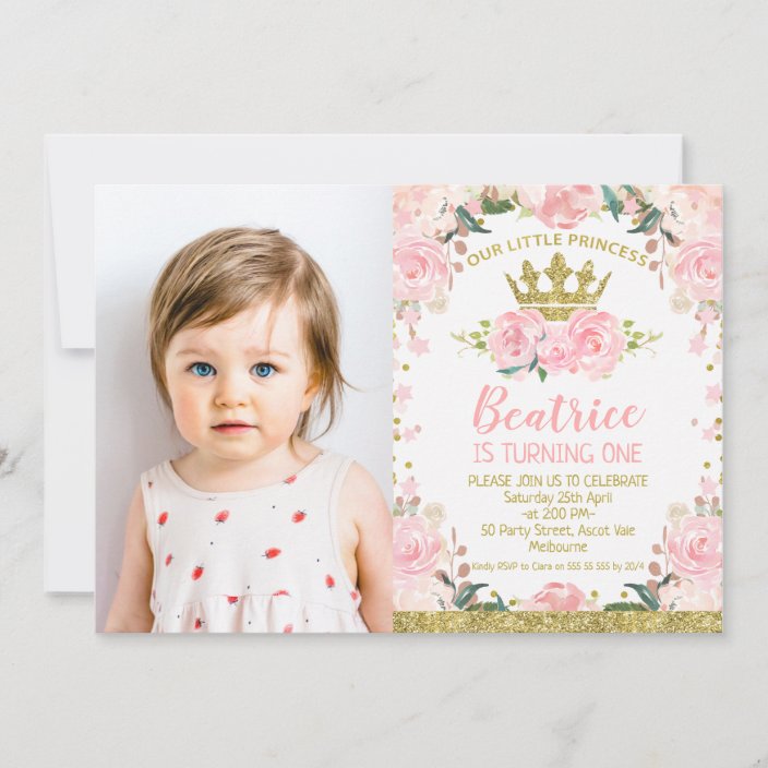 Pink Floral Princess Crown Photo 1st Birthday Invitation Zazzle