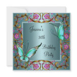 Pink Floral Teal Blue Butterfly 30th Birthday Custom Invites
