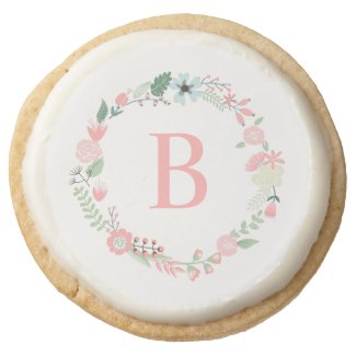 Pink Floral Wreath Custom Monogram Round Shortbread Cookie