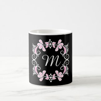 Pink Floral Wreath Monogrammed On Black Classic White Coffee Mug