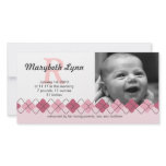 pink flower argyle style pattern baby announcement photo cards