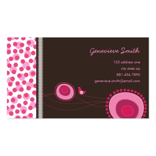 Pink Flower Dots and Happy Bird Fun Profile Card / Business Cards (front side)