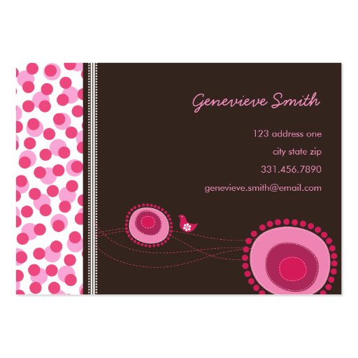 Pink Flower Dots and Happy Bird Fun Profile Card Business Card Template (front side)