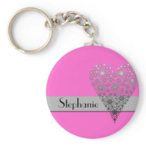 Pink Flower Heart Cute custom name keychain keychains