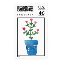 Pink flower in pot postage stamps