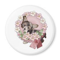 Pink Flower Wreath - Chinese Crested - Sheeba Refrigerator Magnets
