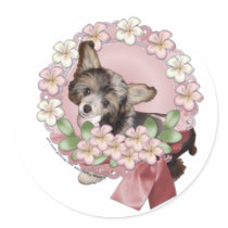 Pink Flower Wreath - Chinese Crested - Sheeba Round Sticker