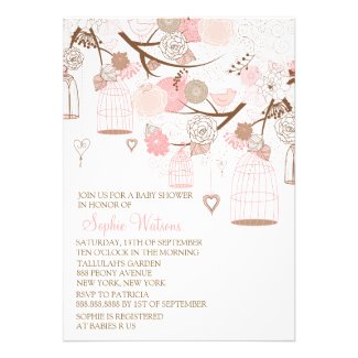 Pink Flowers and Birdcages Baby Shower Invitations