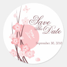 Pink Flowers Butterfly Save The Date Announcement Round Stickers