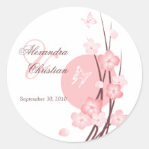 Pink Flowers Butterfly Wedding Announcement Sticker