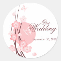 Pink Flowers Butterfly Wedding Announcement Sticker