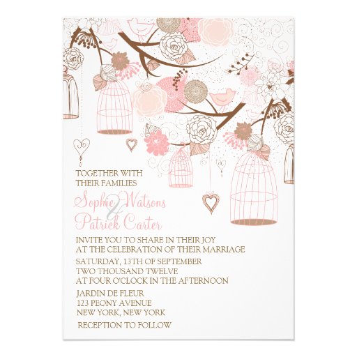 Pink Flowers Hearts & Birdcages Wedding Invitation