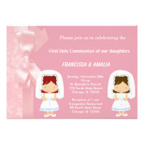 Pink Flowers Holy Communion Twins invitations