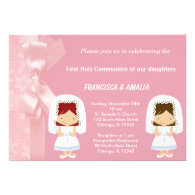 Pink Flowers Holy Communion Twins Custom Invitation