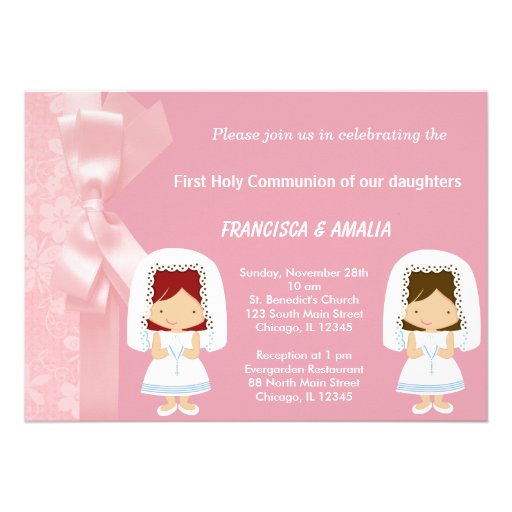 Pink Flowers Holy Communion Twins Custom Invitation (front side)