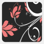 Pink Flowers on Black Square Stickers