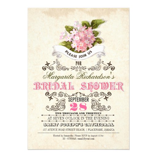 pink flowers & typography bridal shower invitation