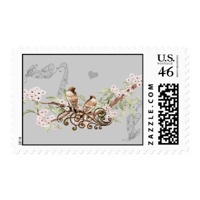 Pink Flowers Vintage Love Birds Wedding Stamps