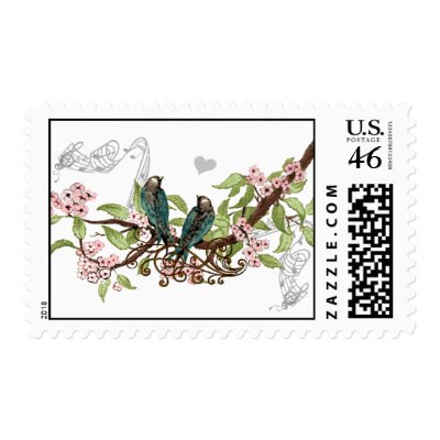 Pink Flowers Vintage Love Birds Wedding Stamps