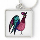 Pink Folk Art Rooster Key Chain