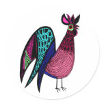 Pink Folk Art Rooster Round Sticker