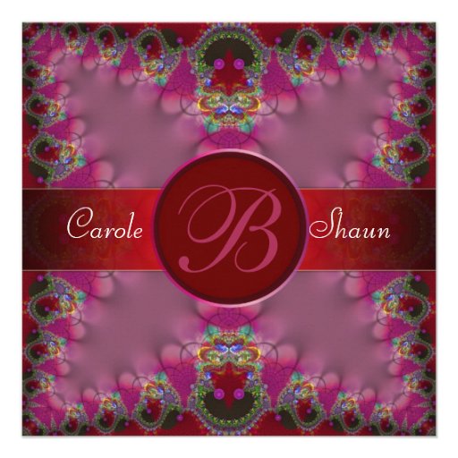 Pink Fractal Lace Monogram Wedding Invitation