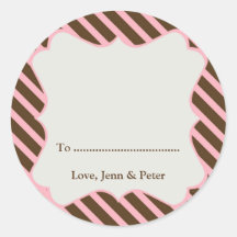 Pink frame brown stripe Christmas holiday gift tag Round Sticker