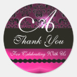 PINK FUCHSIA PURPLE DAMASK MONOGRAM, violet Round Sticker