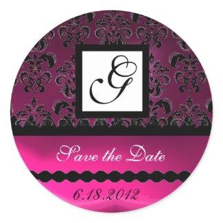 PINK FUCHSIA PURPLE DAMASK SQUARE MONOGRAM, violet sticker