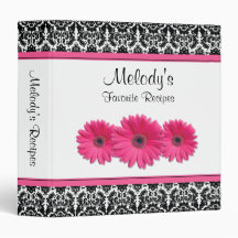 Pink Gerber Daisy Black White Damask Recipe Binder