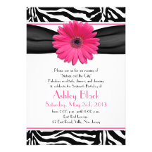 Pink Gerber Daisy Black White Zebra Print Sweet 16 Personalized Invitations