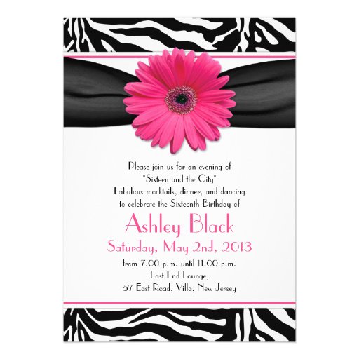 Pink Gerber Daisy Black White Zebra Print Sweet 16 Personalized Invitations