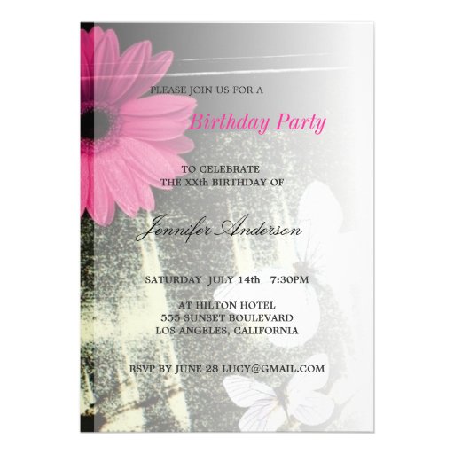 Pink Gerber Daisy Butterfly Dream Birthday Party Personalized Invitations