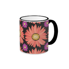 Pink Gerber Daisy Flowers on Black Floral Pattern Coffee Mug