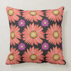 Pink Gerber Daisy Flowers on Black Floral Pattern Pillows
