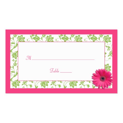 Pink Gerber Daisy Green Damask Wedding Place Cards Business Card Templates (front side)