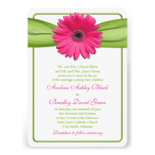 Pink Gerber Daisy Green Ribbon Wedding Invitation