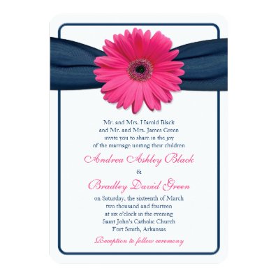 Pink Gerber Daisy Navy Ribbon Wedding Invitation